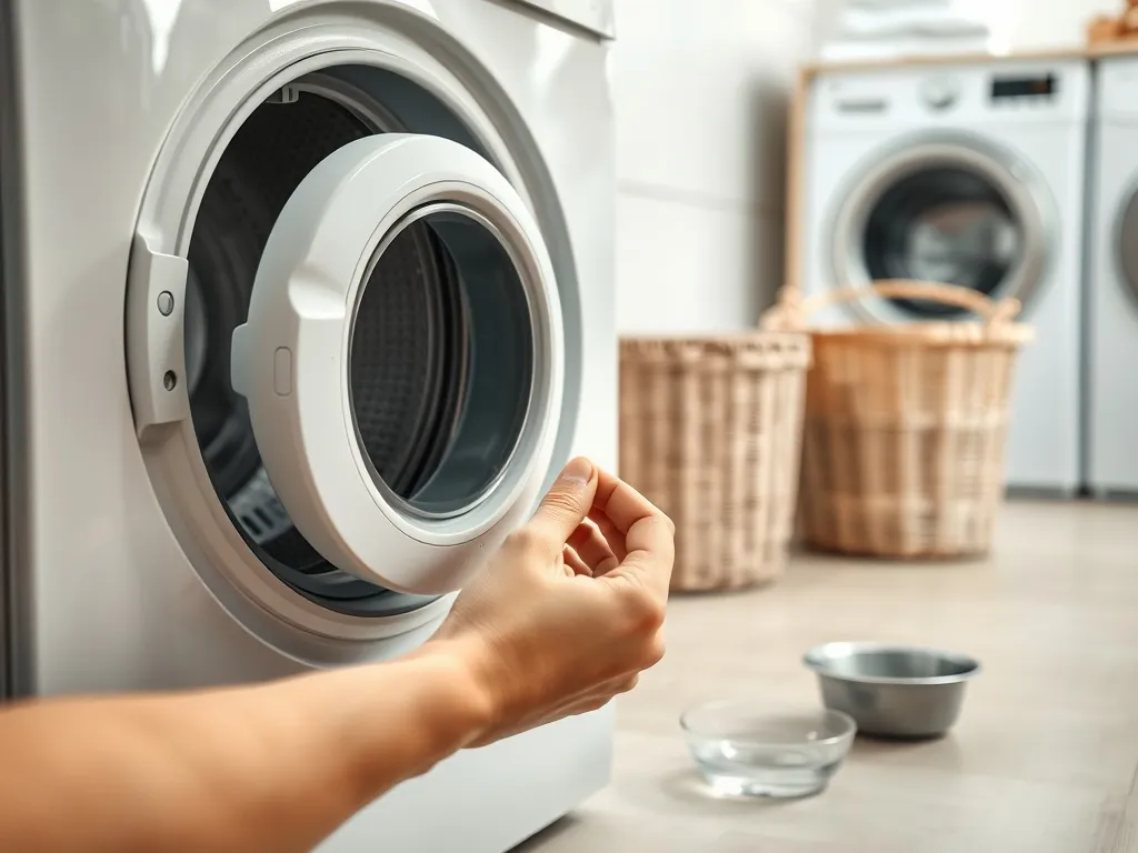 Wyjmowanie wymiennika ciepła z suszarki Bosch do czyszczenia, obok miska z wodą i miękka szczoteczka w pralni