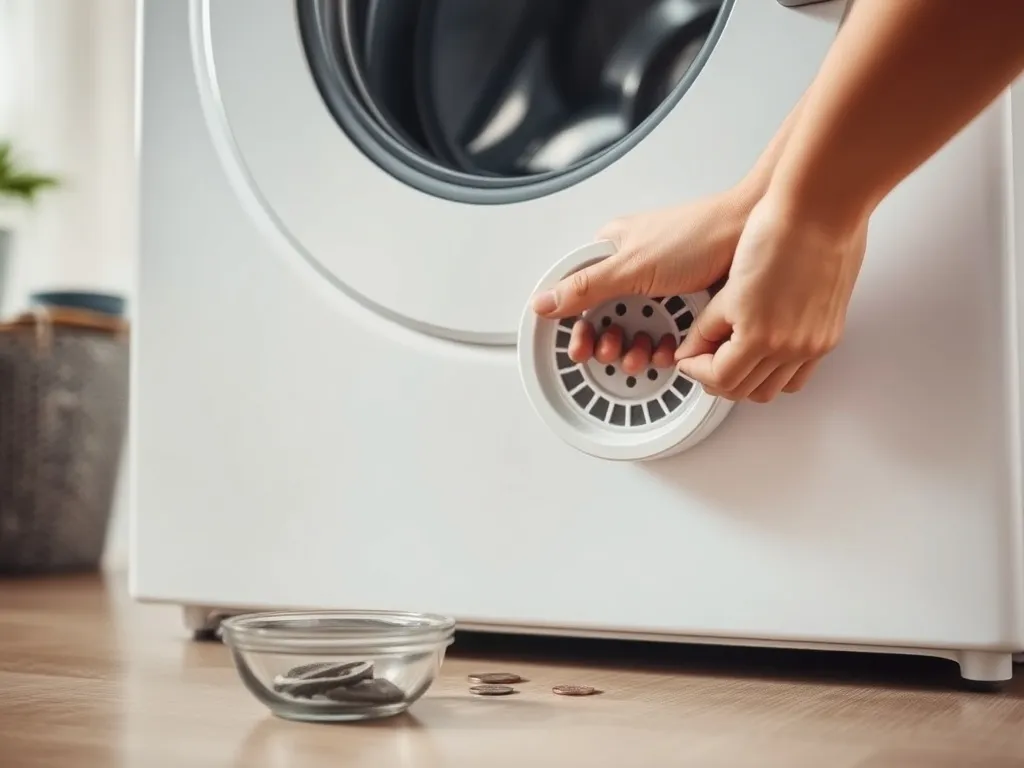 Ręce odkręcają filtr odpływowy w pralce Samsung Eco Bubble, miska zbiera wodę, obok widać monety i kłaczki.