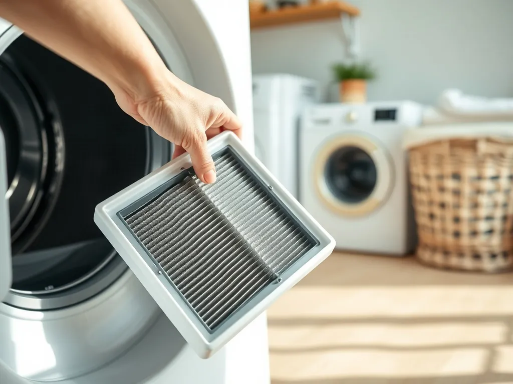 Wyjmowanie czystego wymiennika ciepła z dolnej komory suszarki Whirlpool w jasnej, uporządkowanej pralni domowej.