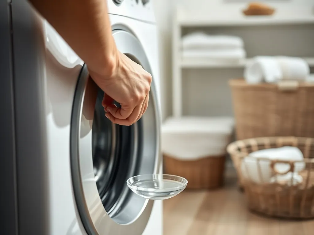 Ręce wyjmujące filtr z dolnego panelu pralki Beko, miska zbiera wodę, w tle uporządkowana domowa pralnia