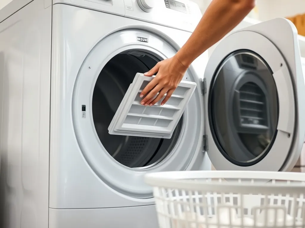 Osoba wysuwa prostokątny wymiennik ciepła z dolnego panelu suszarki Samsung w jasnej, uporządkowanej pralni.