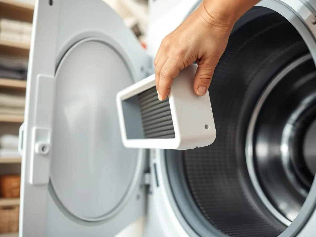 Osoba wysuwa czysty wymiennik ciepła z suszarki Beko w domowej pralni, w tle pralka i poukładane ręczniki.