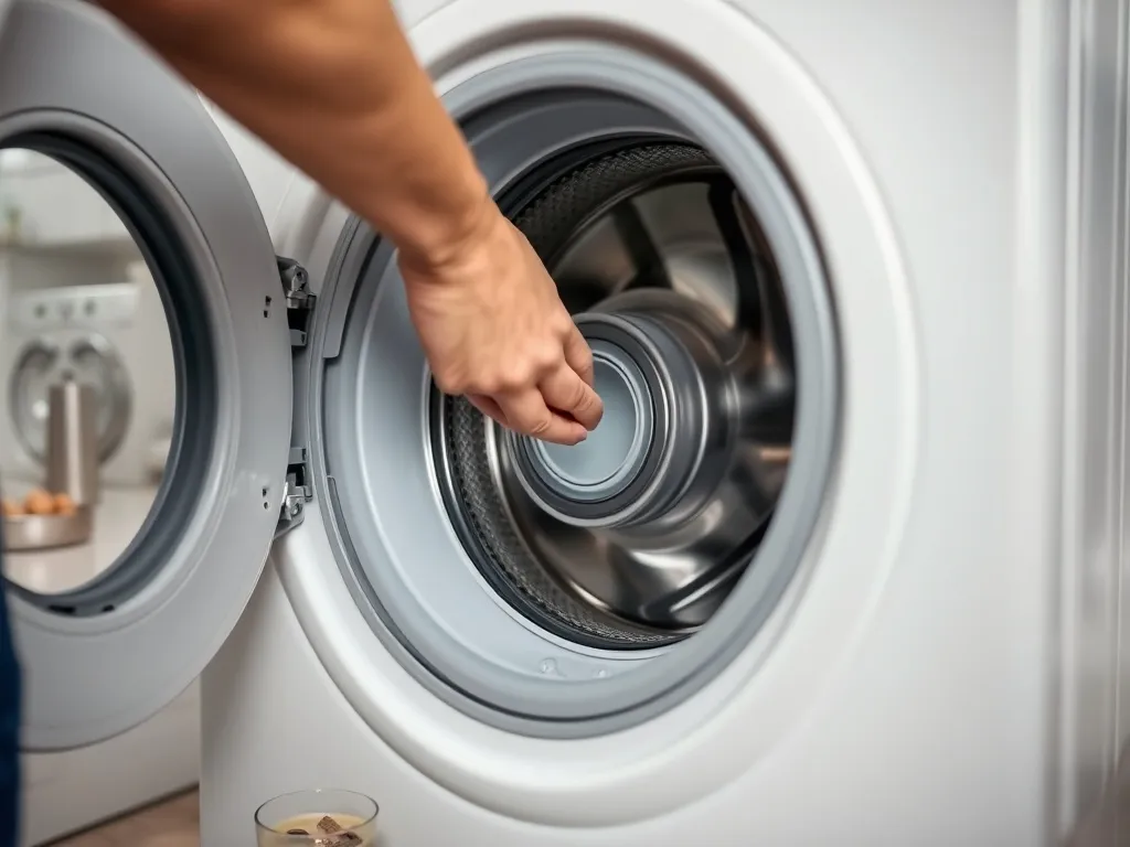 Dłonie odkręcające filtr odpływowy pralki Bosch, miska zbierająca wodę, obok monety i kłaczki zanieczyszczeń.