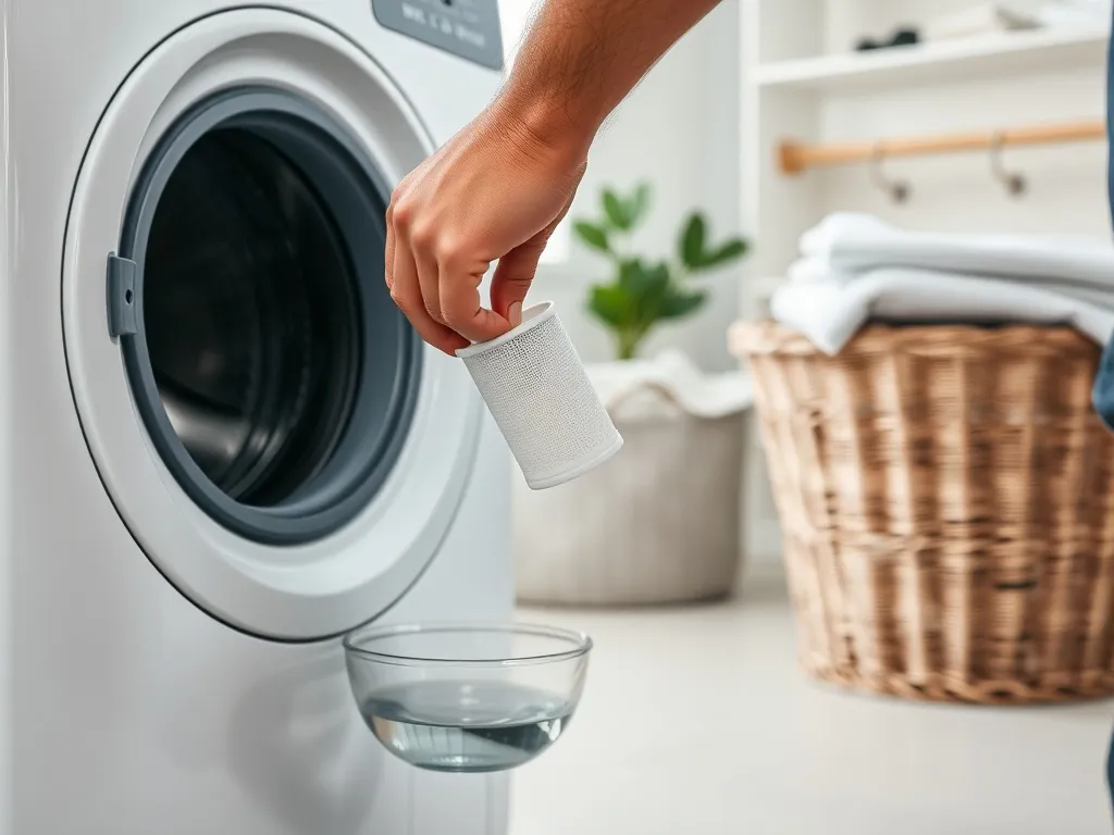 Ręce wyjmujące filtr z dolnego panelu pralki Indesit, miska pod spodem zbiera wodę w jasnej, czystej pralni