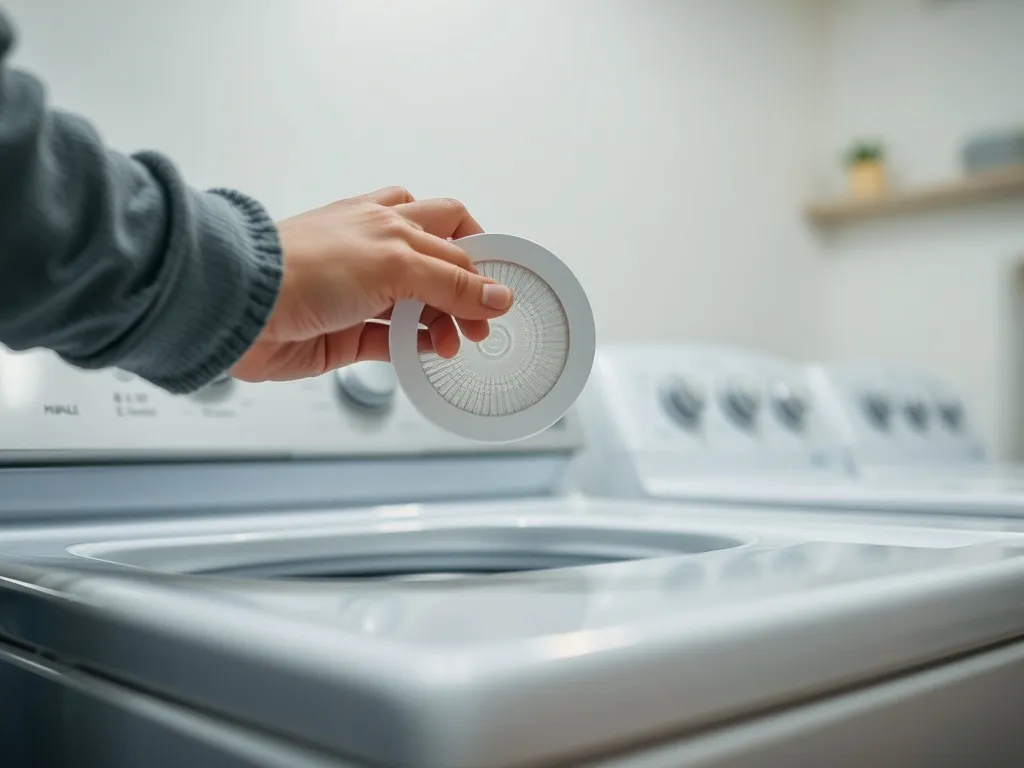 Dłonie wyjmujące brudny filtr z pralki Whirlpool ładowanej od góry, ilustrujące etap czyszczenia filtra.