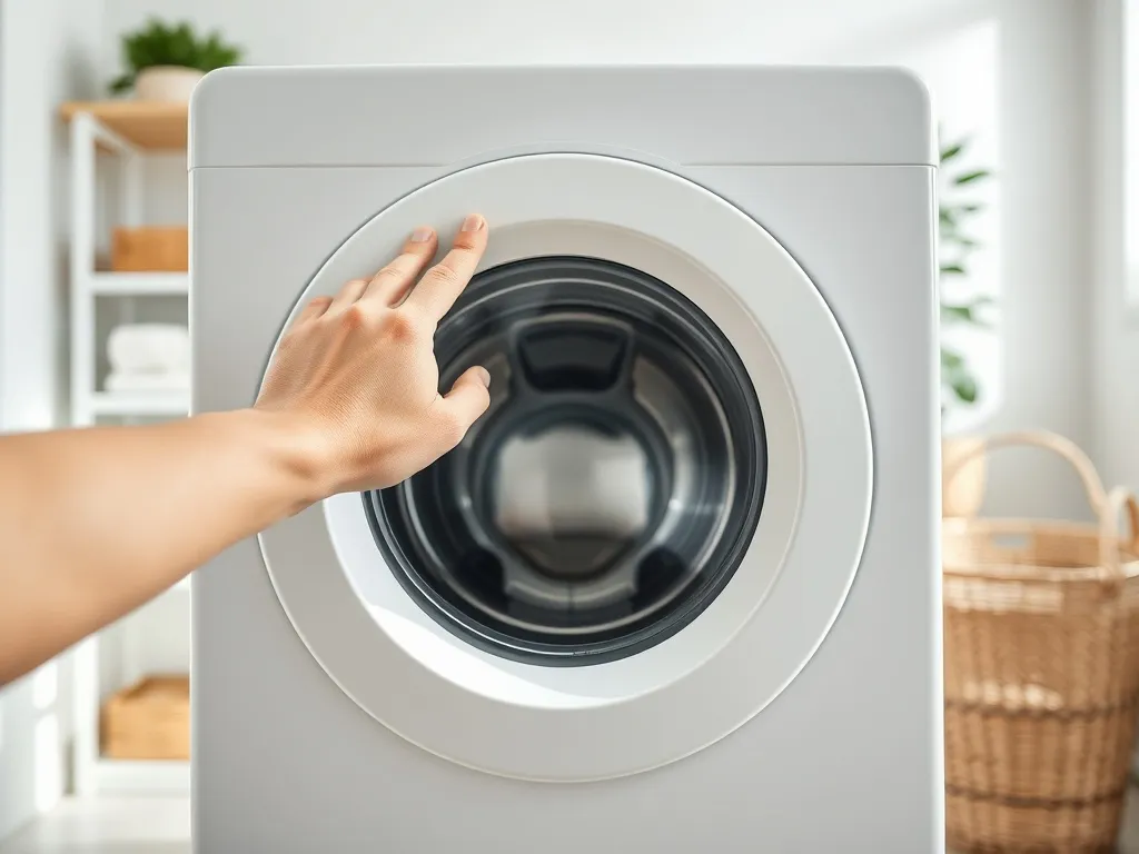 Ręka sięga do zamkniętych drzwi pralki Beko w jasnej, uporządkowanej łazience z ręcznikami i koszem na pranie.