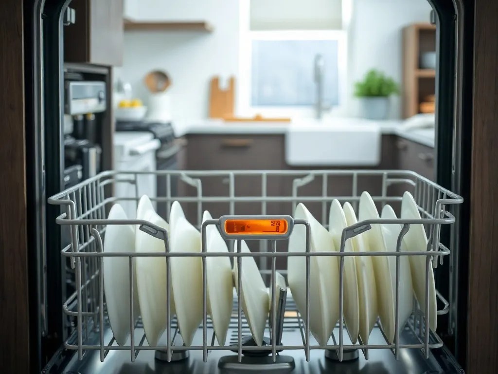 Otwarta zmywarka Electrolux z czystymi naczyniami i świecącą kontrolką ostrzegawczą w jasnej, przytulnej kuchni.