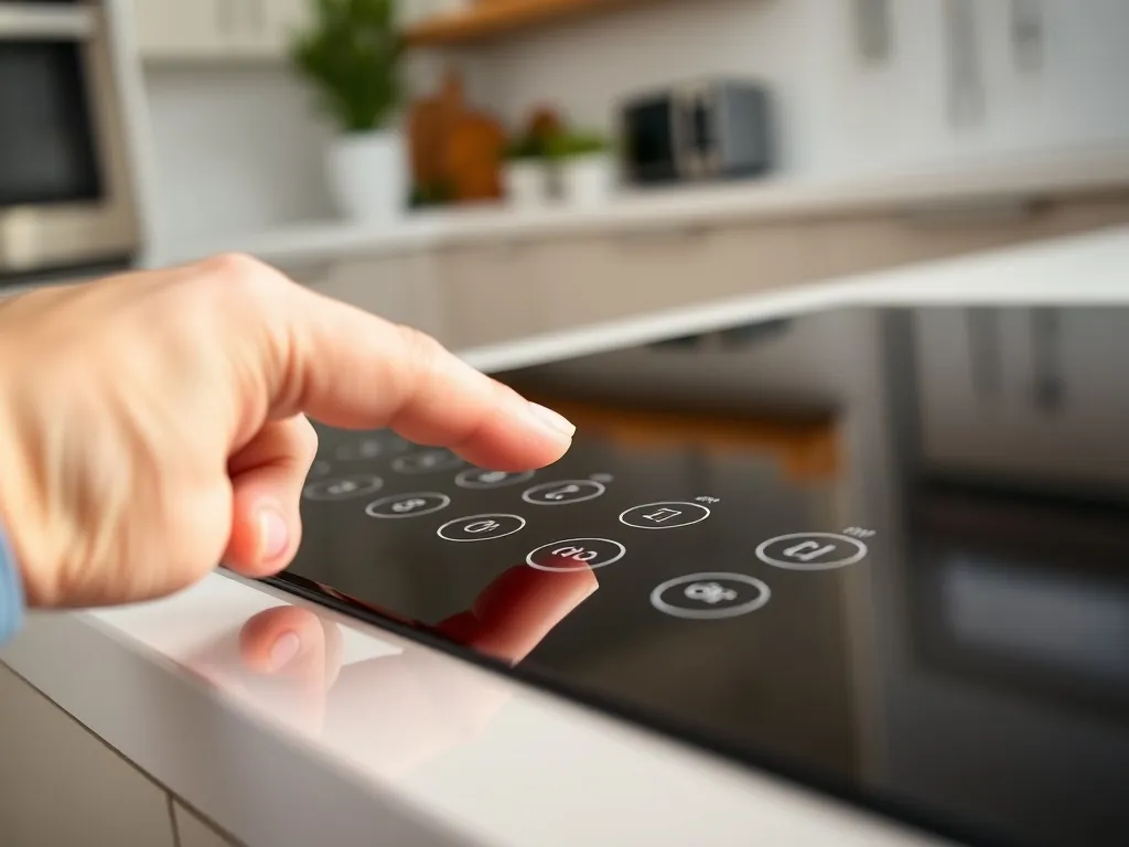 Palec wskazuje podświetlone symbole dotykowe na czarnej płycie indukcyjnej Whirlpool w jasnej, nowoczesnej kuchni.