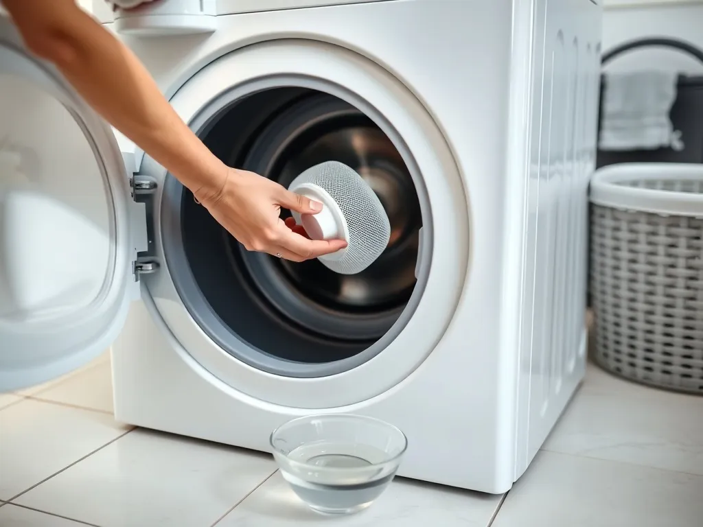 Ręce odkręcają filtr pralki Electrolux ładowanej od góry, w misce pod filtrem zbiera się woda na czystej podłodze łazienki.