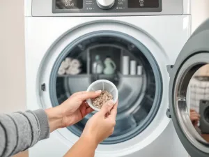Ręce wyjmujące zapchany filtr z dolnego panelu pralki Whirlpool AWE 6519/p nad miseczką na wodę.