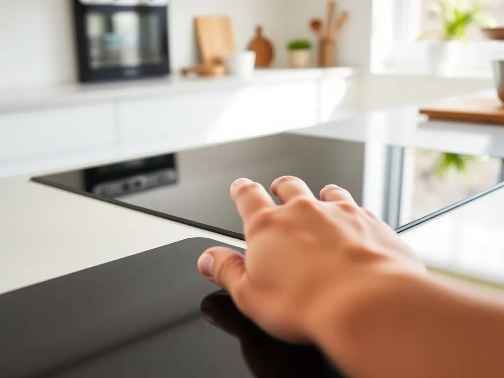 Ręka wyłącza blokadę na panelu płyty indukcyjnej Electrolux w nowoczesnej, jasnej kuchni.