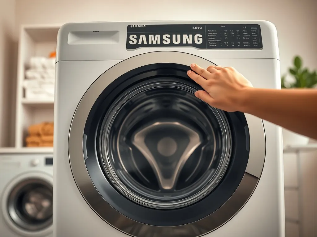 Ręka delikatnie otwierająca drzwi pralki Samsung, zbliżenie na uchwyt i uszczelkę, w jasnej, uporządkowanej pralni.