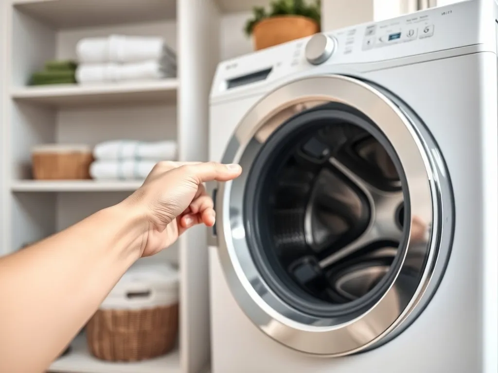 Ręka delikatnie odblokowuje drzwiczki nowoczesnej pralki Hotpoint Ariston w jasnej, uporządkowanej pralni