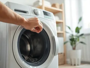 Ręka delikatnie otwiera drzwi nowoczesnej pralki LG w jasnej, uporządkowanej pralni.
