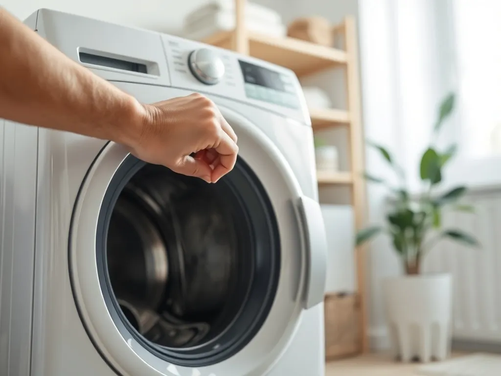 Ręka delikatnie otwiera drzwi nowoczesnej pralki LG w jasnej, uporządkowanej pralni.