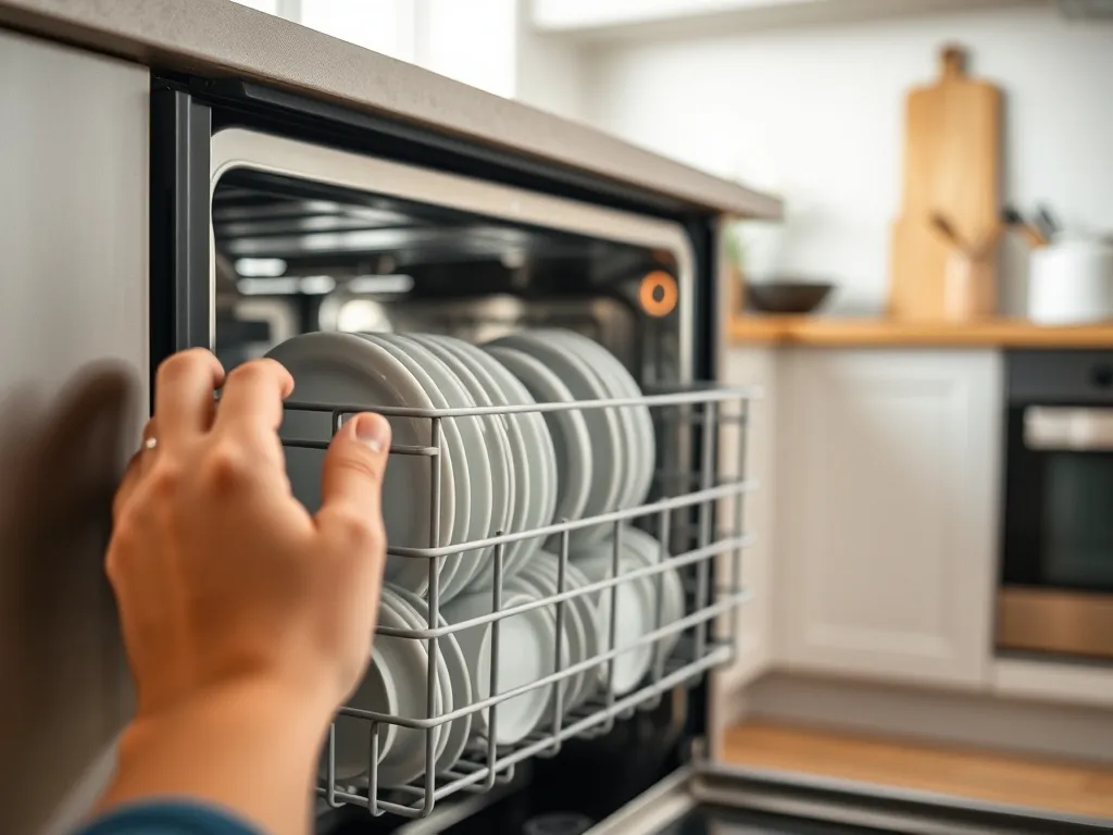 Zmywarka Whirlpool częściowo otwarta z migającą kontrolką błędu, użytkownik sprawdza wnętrze i ułożone naczynia