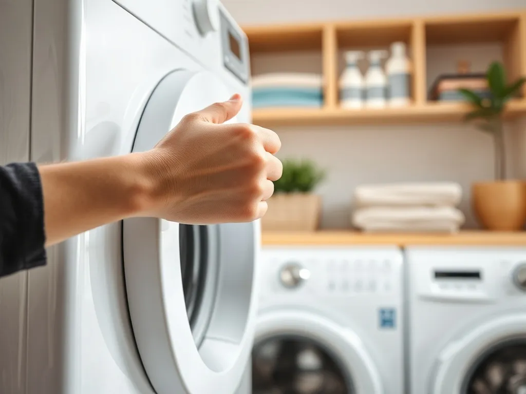 Dłoń delikatnie otwierająca drzwi nowoczesnej pralki Whirlpool, zbliżenie na blokadę i panel sterowania.