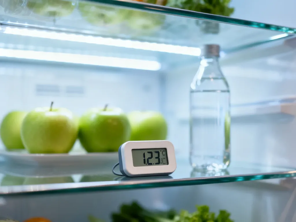 Wnętrze nowoczesnej lodówki z uporządkowanymi produktami i cyfrowym wyświetlaczem temperatury.