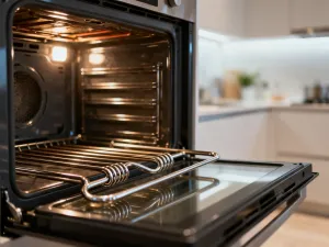 Czysta ściereczka z mikrofibry i butelka z płynem na kuchennym blacie obok otwartej, uporządkowanej lodówki.
