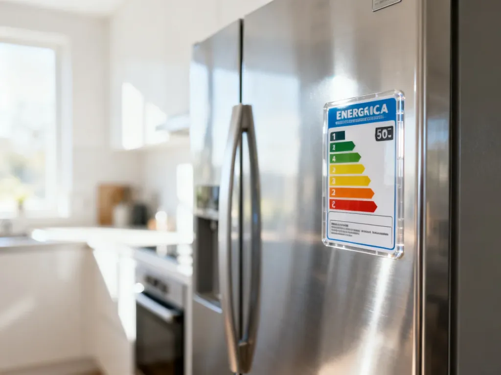 Nowoczesna lodówka z wyraźnie widoczną etykietą energetyczną w jasnej, minimalistycznej kuchni.