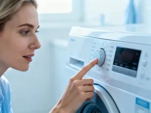 Zirytowany mężczyzna klęczący przed otwartą pralką z poplątanym praniem, próbujący rozwiązać problem z awarią urządzenia.