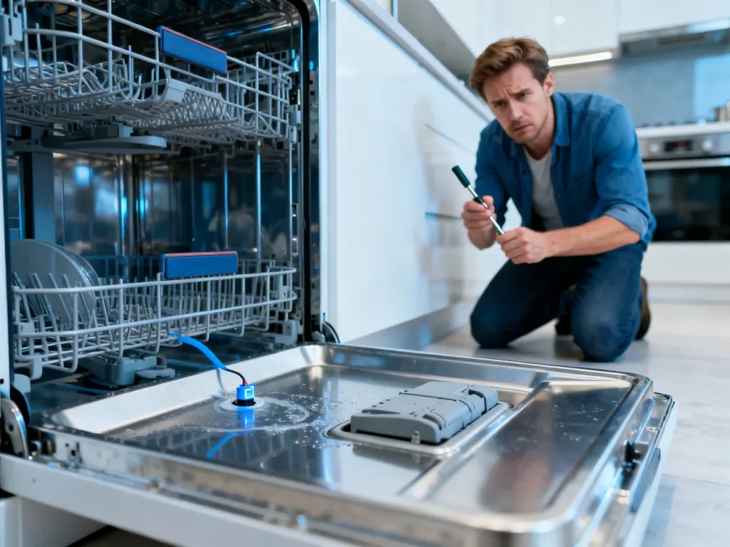 Mężczyzna naprawiający śrubokrętem czujnik wycieku wody wewnątrz zmywarki Siemens.