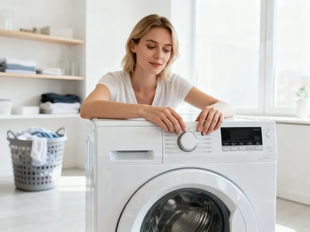 Kobieta obsługująca panel sterowania nowoczesnej pralki Electrolux w jasnej pralni.