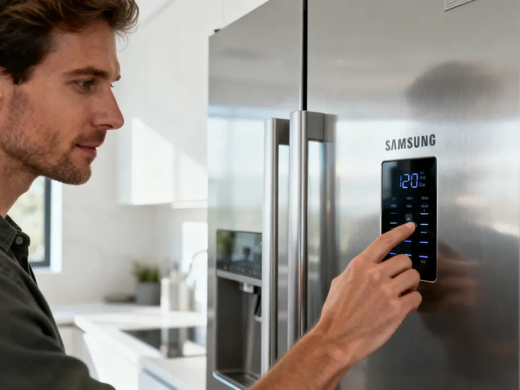 Mężczyzna obsługuje panel sterowania na drzwiach nowoczesnej lodówki Samsung w jasnej kuchni.
