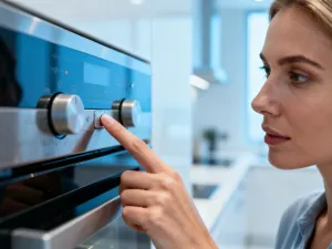Mężczyzna używa metalowej szpatułki, aby delikatnie podważyć i wyjąć płytę indukcyjną z blatu kuchennego.