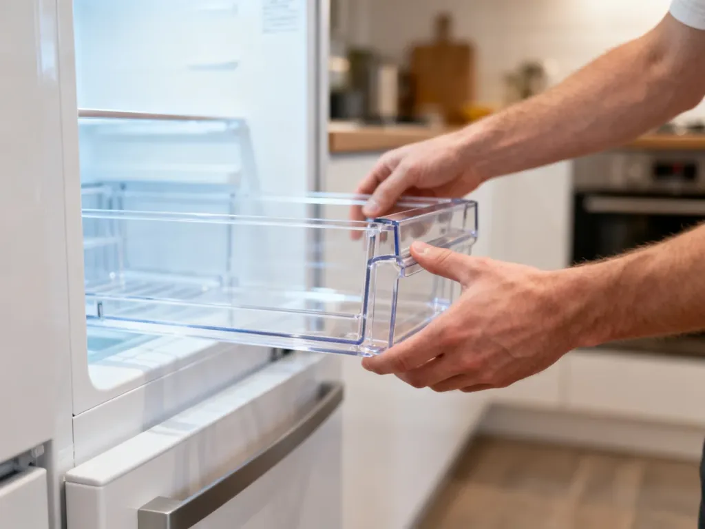 Dłonie wyjmujące czystą, plastikową szufladę z wnętrza nowoczesnej lodówki Beko.