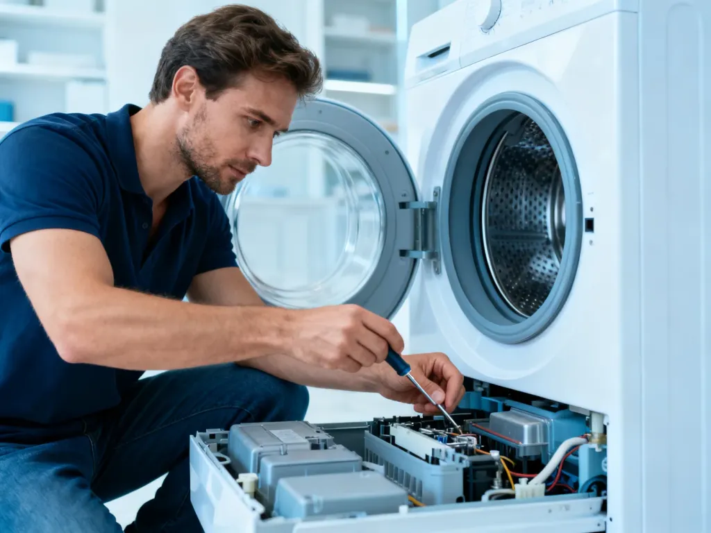 Mężczyzna naprawiający śrubokrętem wnętrze otwartej pralki Whirlpool w jasnej pralni.