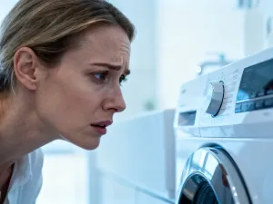 Uchylone drzwi zmywarki Bosch z świecącą kontrolką błędu E24, dłoń użytkownika sugeruje diagnozę lub naprawę usterki.