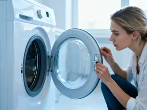 Osoba sprawdza filtr lub ramiona spryskujące w otwartej zmywarce Whirlpool, przygotowując się do usunięcia błędu F15.