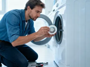 Kobieta otwiera nowoczesną lodówkę wypełnioną świeżą żywnością w minimalistycznej kuchni.