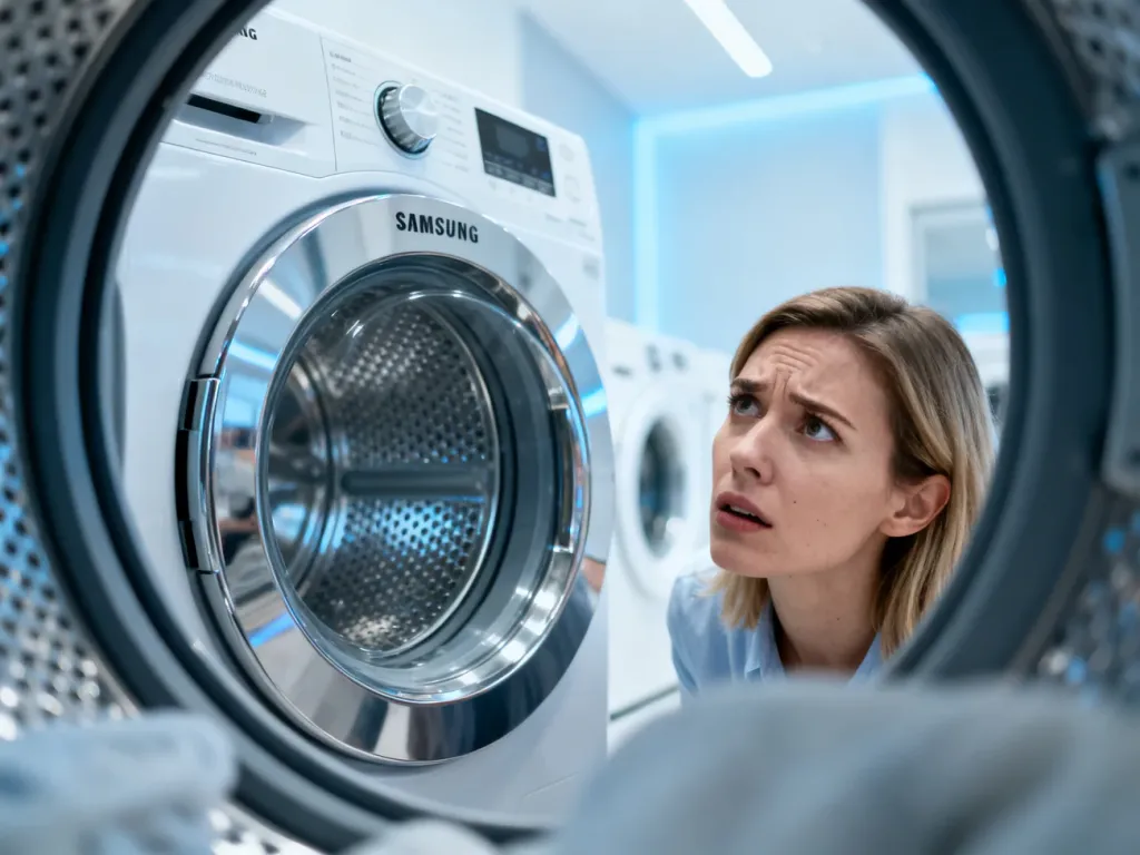 Kobieta z zaniepokojeniem zagląda do otwartego bębna pralki Samsung, próbując zdiagnozować przyczynę awarii.