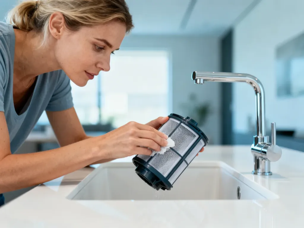 Kobieta czyści filtr odkurzacza Electrolux nad nowoczesnym zlewem kuchennym.